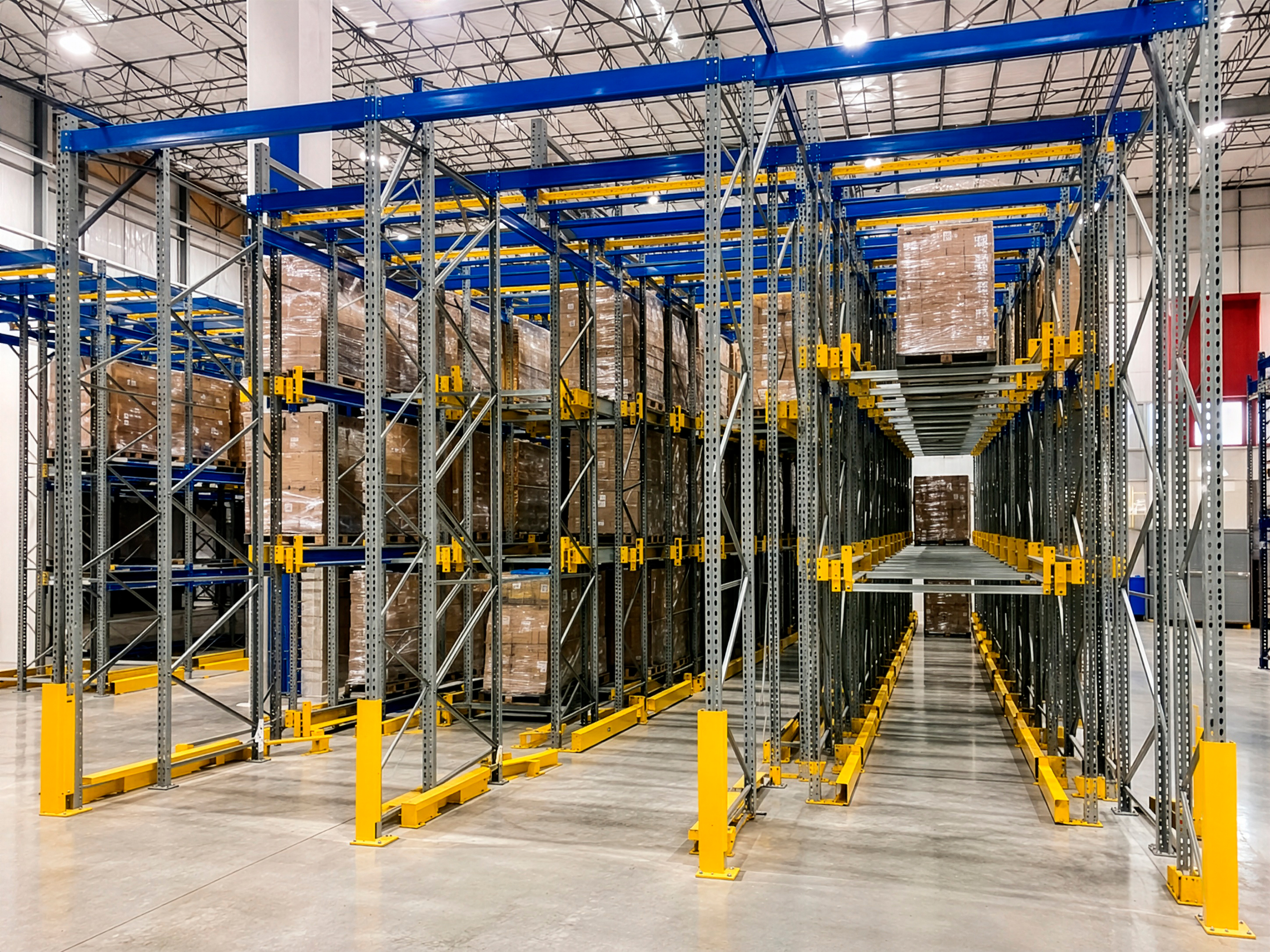 Sistema de racks industriales de alta capacidad en operación dentro de una nave logística